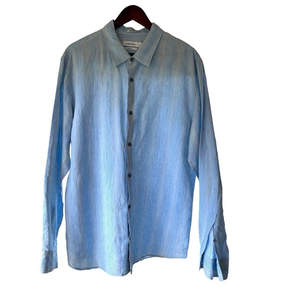 NEW Calvin Klein Long Sleeve Button Down Linen Shirt Size XL Thin Blue Stripe - Picture 10 of 11